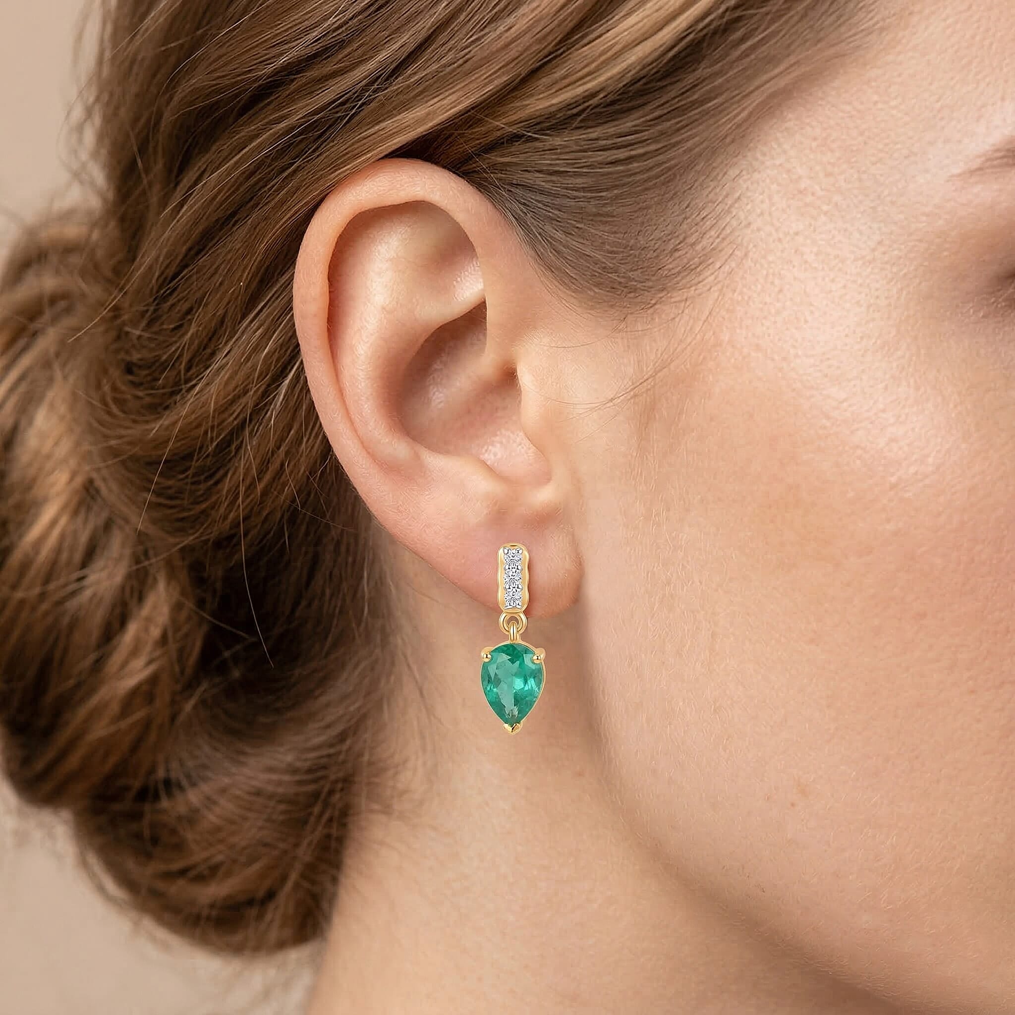 D'Joy Emeraldine Triplet Quartz & White Zircon Dangling Earring with Push Post in Yellow Gold Plated Sterling Silver 2.85 Ct.