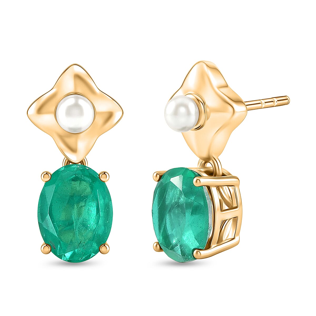 D'Joy Emeraldine Triplet Quartz & Fresh Water Pearl Dangling Earring with Push Back in Yellow Gold Plated Sterling Silver 3.40 Ct.