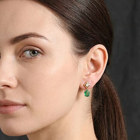 D'Joy Emeraldine Triplet Quartz & Fresh Water Pearl Dangling Earring with Push Back in Yellow Gold Plated Sterling Silver 3.40 Ct.