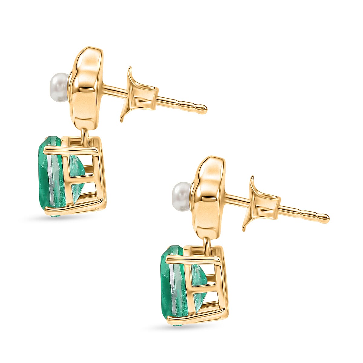 D'Joy Emeraldine Triplet Quartz & Fresh Water Pearl Dangling Earring with Push Back in Yellow Gold Plated Sterling Silver 3.40 Ct.