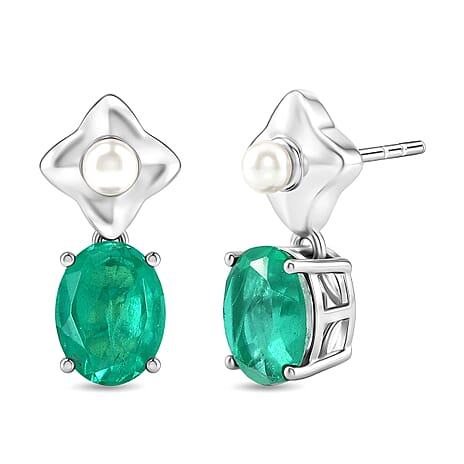 D'Joy Emeraldine Triplet Quartz & Fresh Water Pearl Dangling Earring with Push Post in Platinum Overlay Sterling Silver 3.40 Ct.