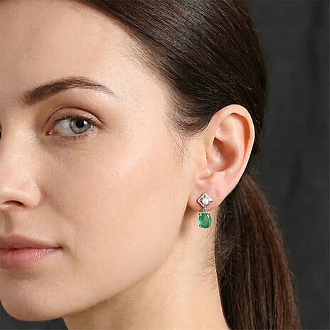 D'Joy Emeraldine Triplet Quartz & Fresh Water Pearl Dangling Earring with Push Post in Platinum Overlay Sterling Silver 3.40 Ct.