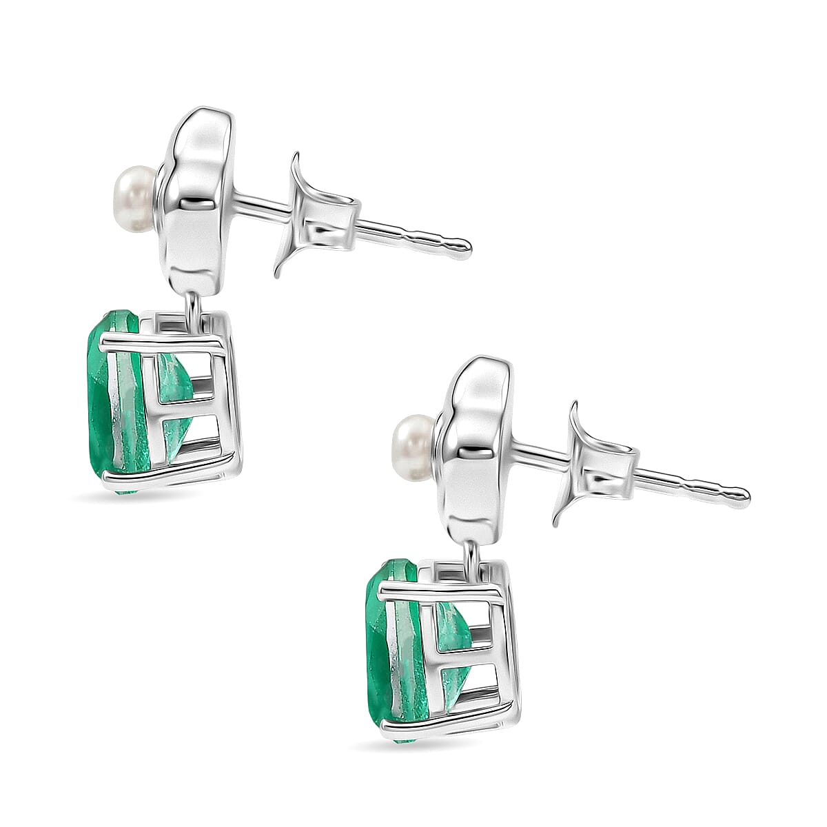 D'Joy Emeraldine Triplet Quartz & Fresh Water Pearl Dangling Earring with Push Post in Platinum Overlay Sterling Silver 3.40 Ct.