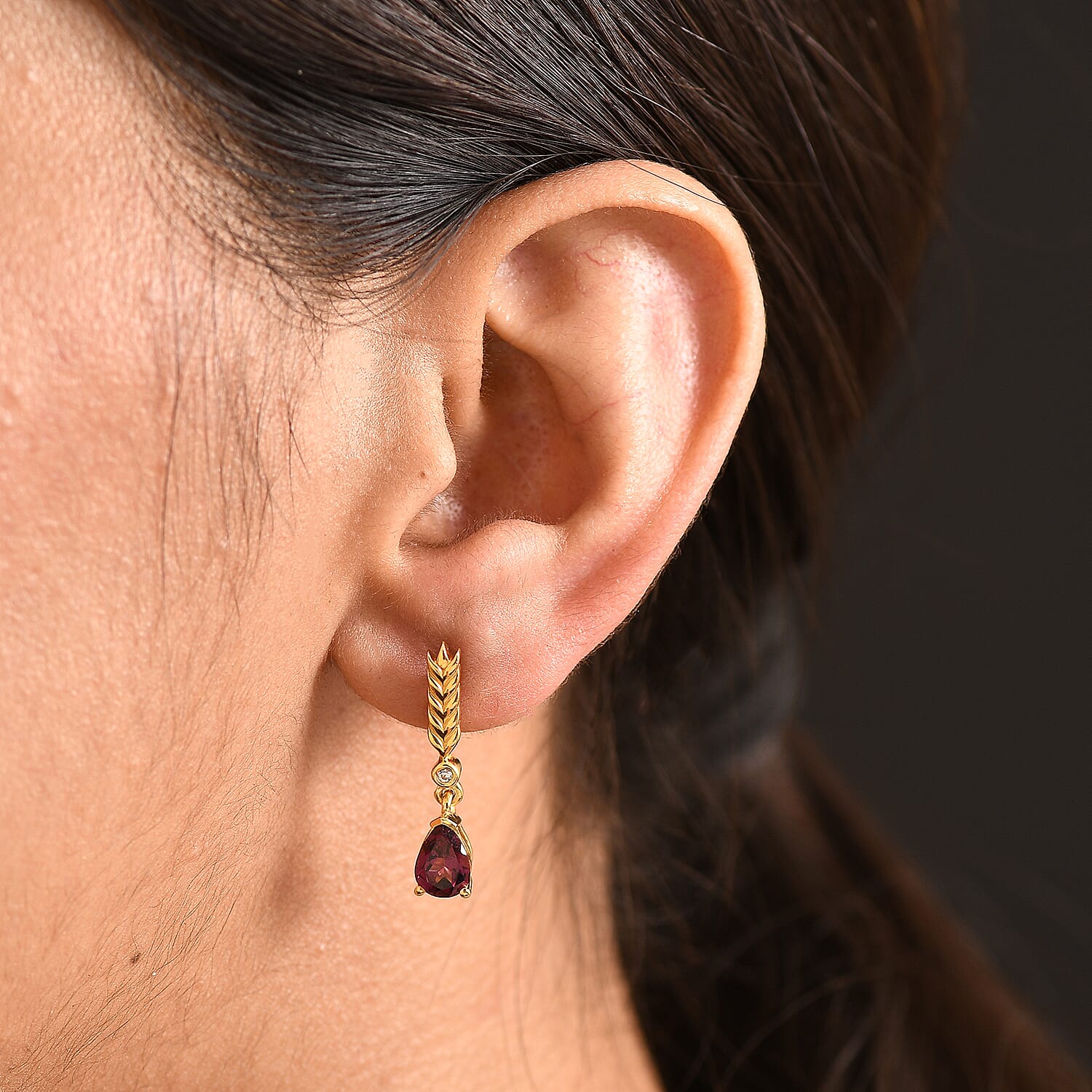 D'Joy Rhodolite Garnet & White Zircon Dangling Earring with Push Back in Yellow Gold Plated Sterling Silver 1.74 Ct.