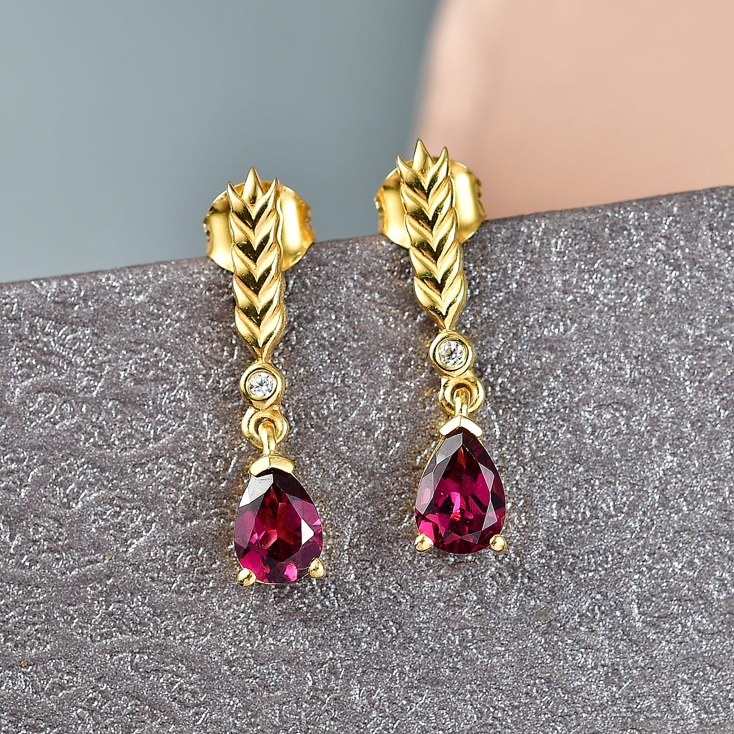 D'Joy Rhodolite Garnet & White Zircon Dangling Earring with Push Back in Yellow Gold Plated Sterling Silver 1.74 Ct.