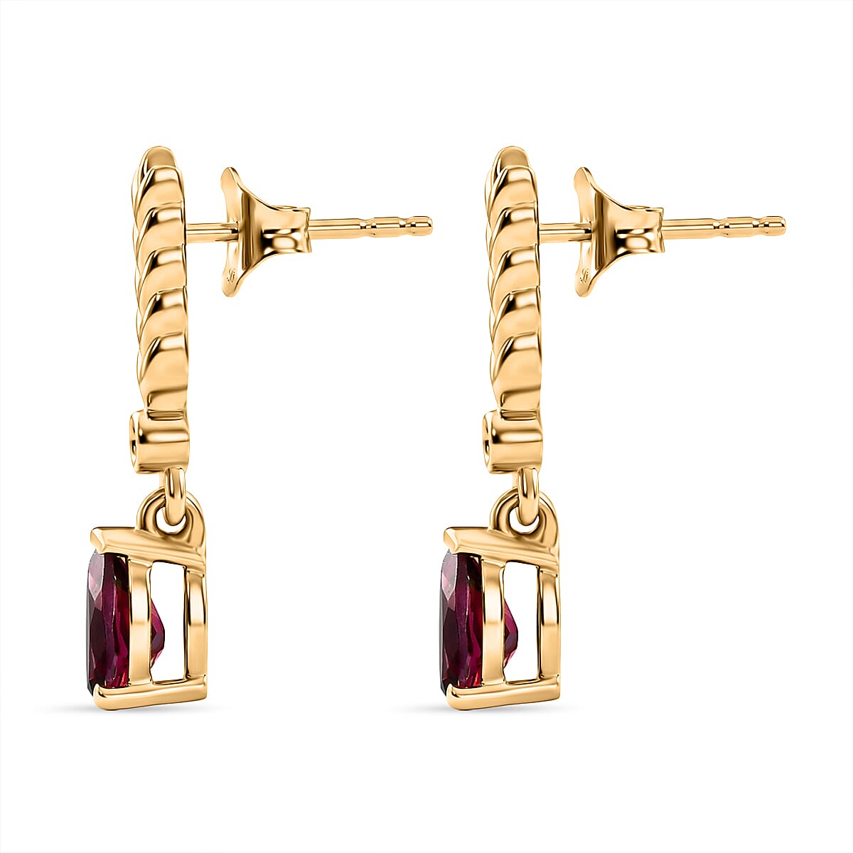 D'Joy Rhodolite Garnet & White Zircon Dangling Earring with Push Back in Yellow Gold Plated Sterling Silver 1.74 Ct.