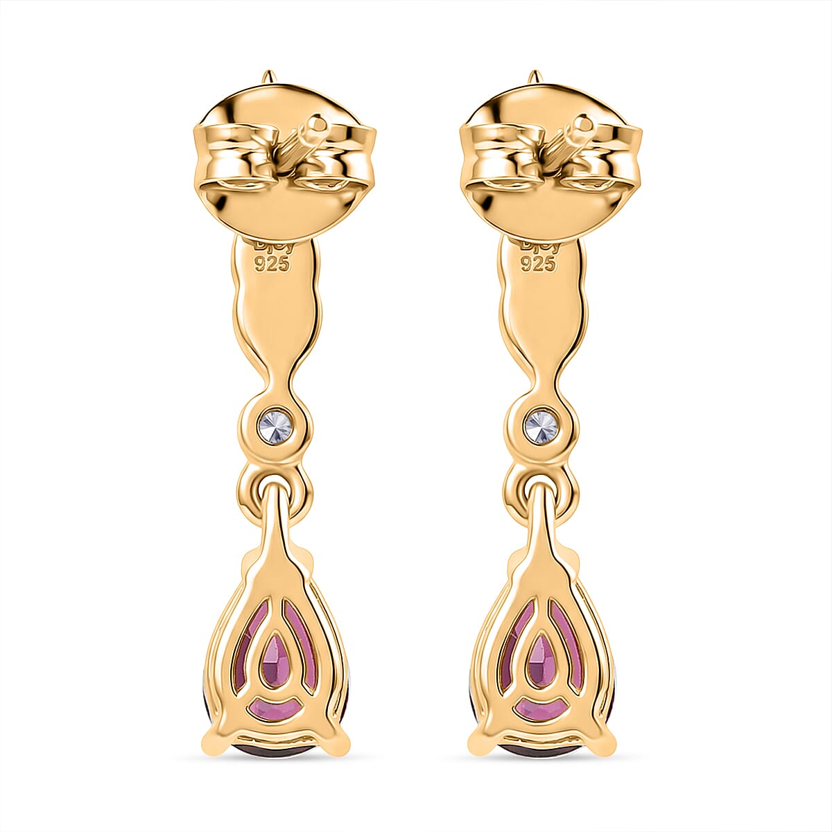 D'Joy Rhodolite Garnet & White Zircon Dangling Earring with Push Back in Yellow Gold Plated Sterling Silver 1.74 Ct.