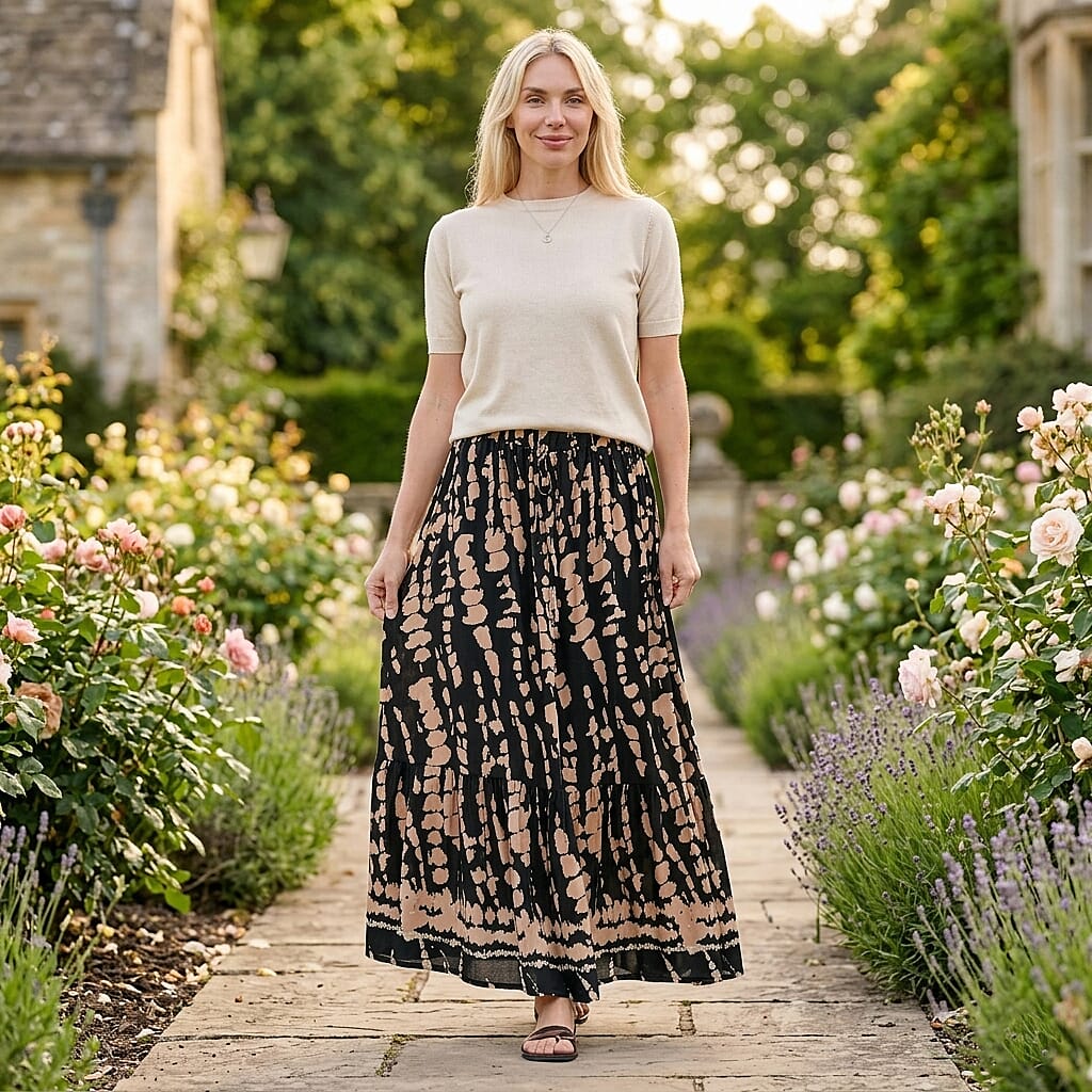 La Marey Printed Buttoned Skirt (Size - S-M, 8-14) - Black & Light Brown