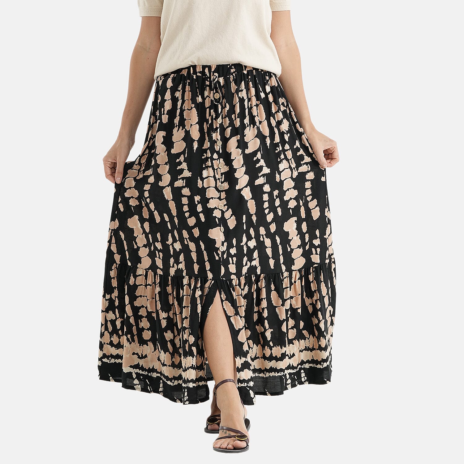 La Marey Print Buttoned Skirt (Size - L-XL, 16-22) - Black & Light Brown