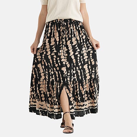 La Marey Print Buttoned Skirt (Size - L-XL, 16-22) - Black & Light Brown