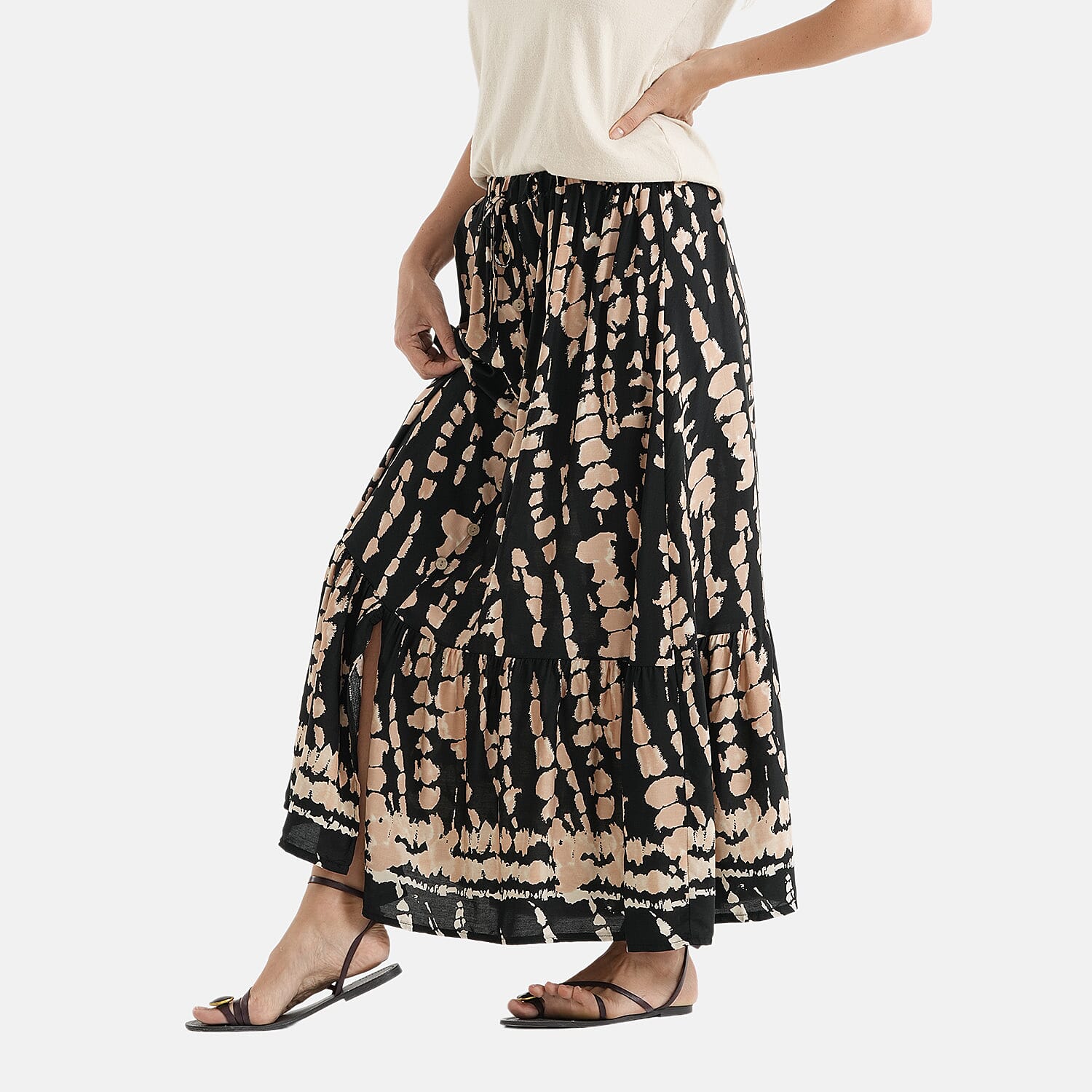 La Marey Print Buttoned Skirt (Size - L-XL, 16-22) - Black & Light Brown