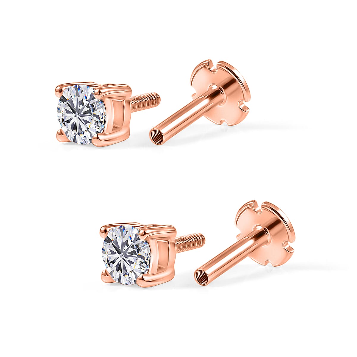 Luxuriant SI-G-H Lab Grown Diamond Solitaire Stud Screw Back  Earring in 18K Vermeil Rose Gold Plated Sterling Silver 0.22 Ct.
