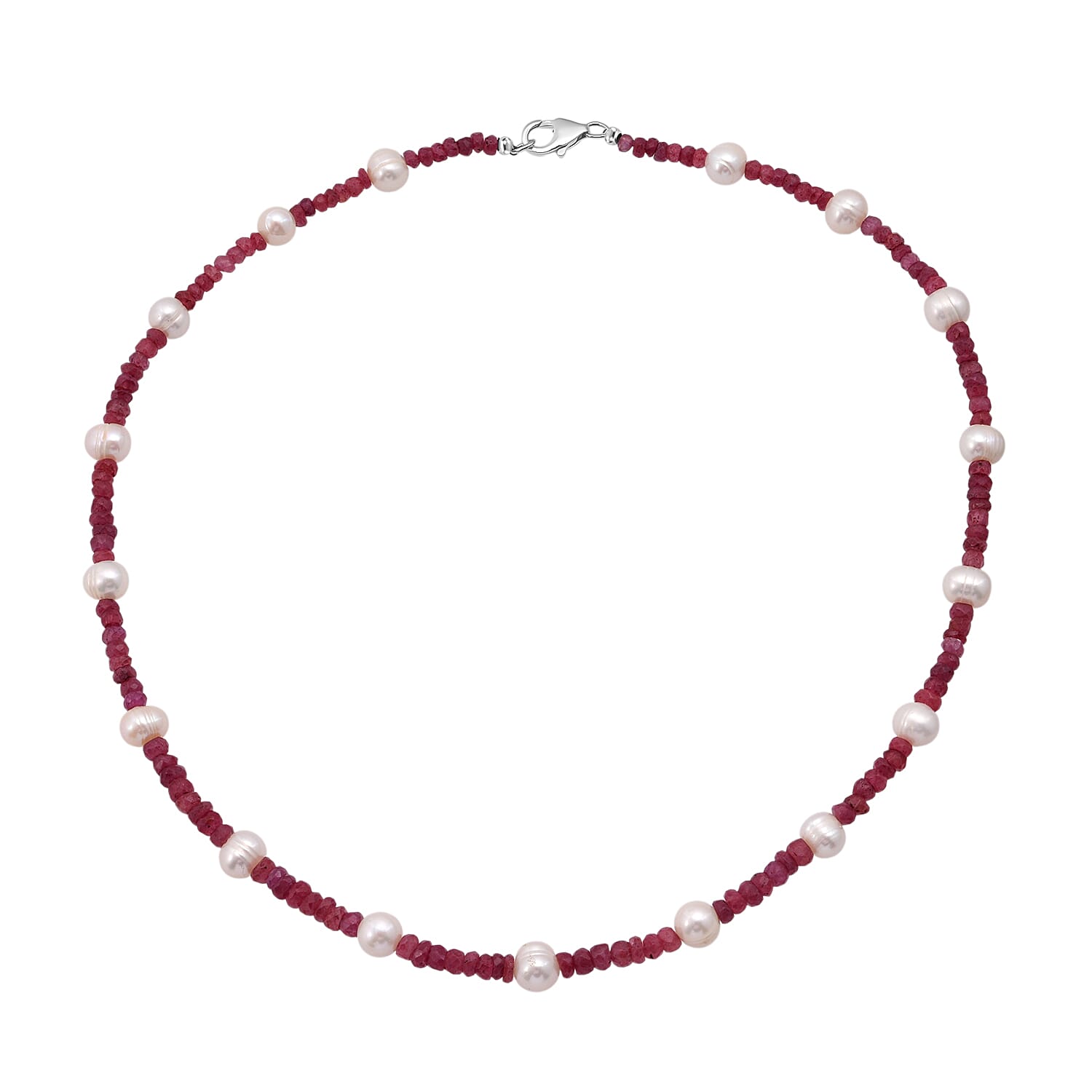 African Ruby & Water Pearl Necklace (Size - 18) in Rhodium OverlaySterling Silver  90.000  Ct.