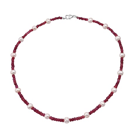 African Ruby & Water Pearl Necklace (Size - 18) in Rhodium OverlaySterling Silver  90.000  Ct.