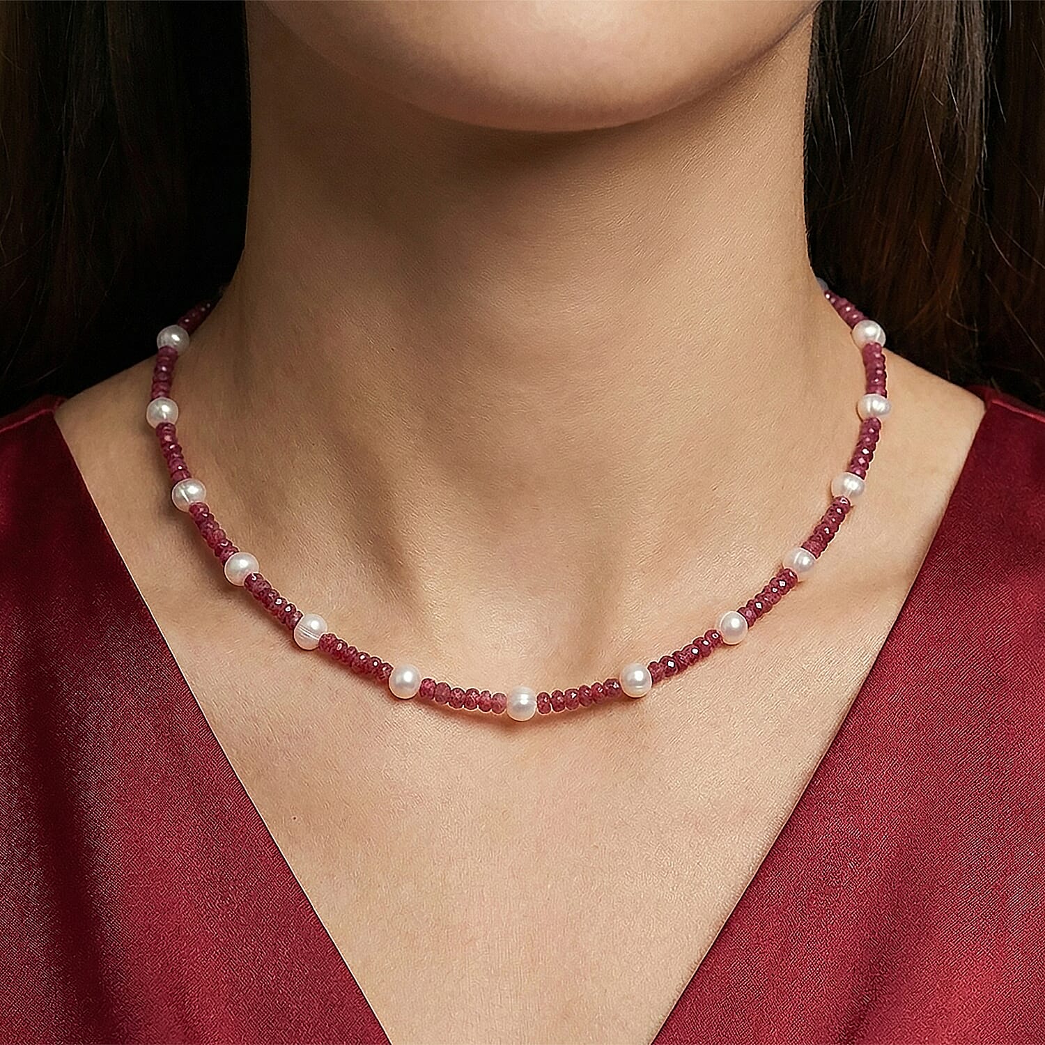 African Ruby & Water Pearl Necklace (Size - 18) in Rhodium OverlaySterling Silver  90.000  Ct.
