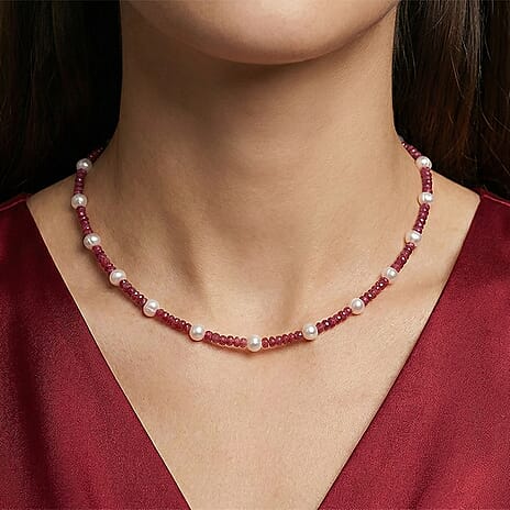 African Ruby & Water Pearl Necklace (Size - 18) in Rhodium OverlaySterling Silver  90.000  Ct.