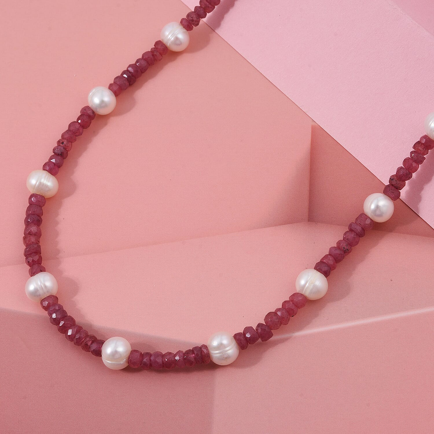 African Ruby & Water Pearl Necklace (Size - 18) in Rhodium OverlaySterling Silver  90.000  Ct.