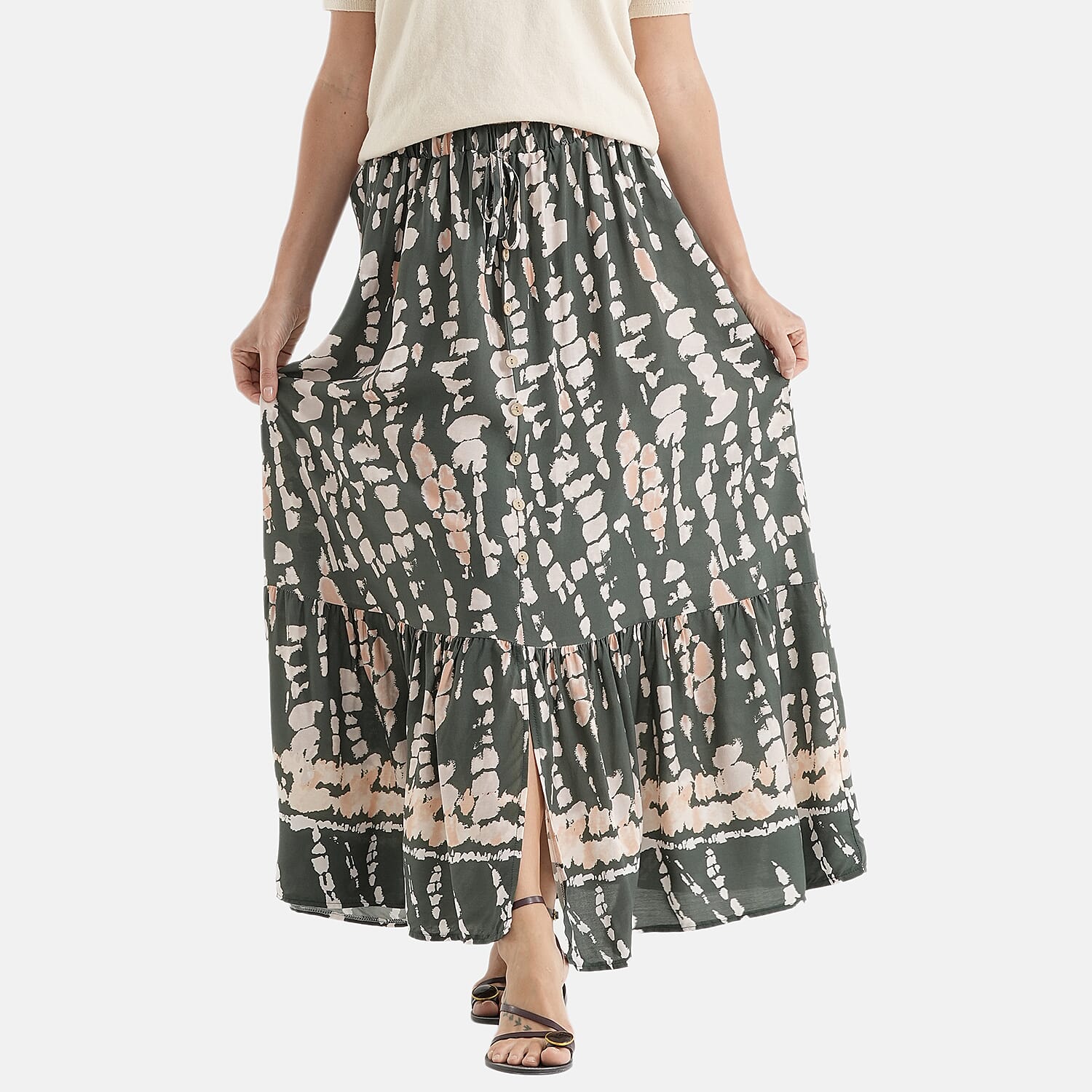 La Marey Print Buttoned Skirt (Size - L-XL, 16-22) - Green