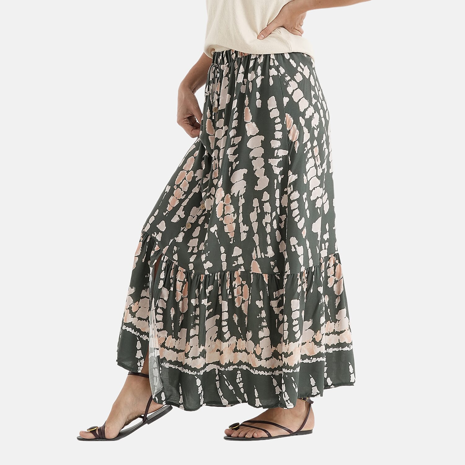 La Marey Print Buttoned Skirt (Size - L-XL, 16-22) - Green