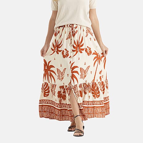 La Marey Print Buttoned Skirt (Size - S-M, 8-14) - Cream & Brown