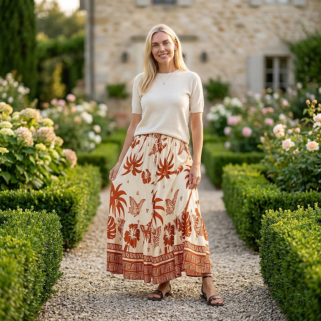 La Marey Print Buttoned Skirt (Size - S-M, 8-14) - Cream & Brown
