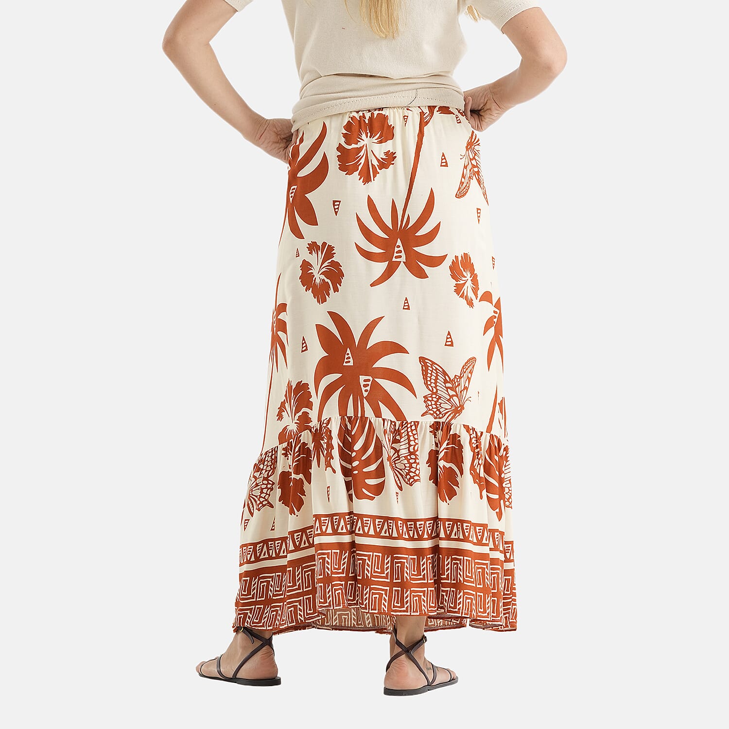 La Marey Print Buttoned Skirt (Size - L-XL, 16-22) - Cream & Brown