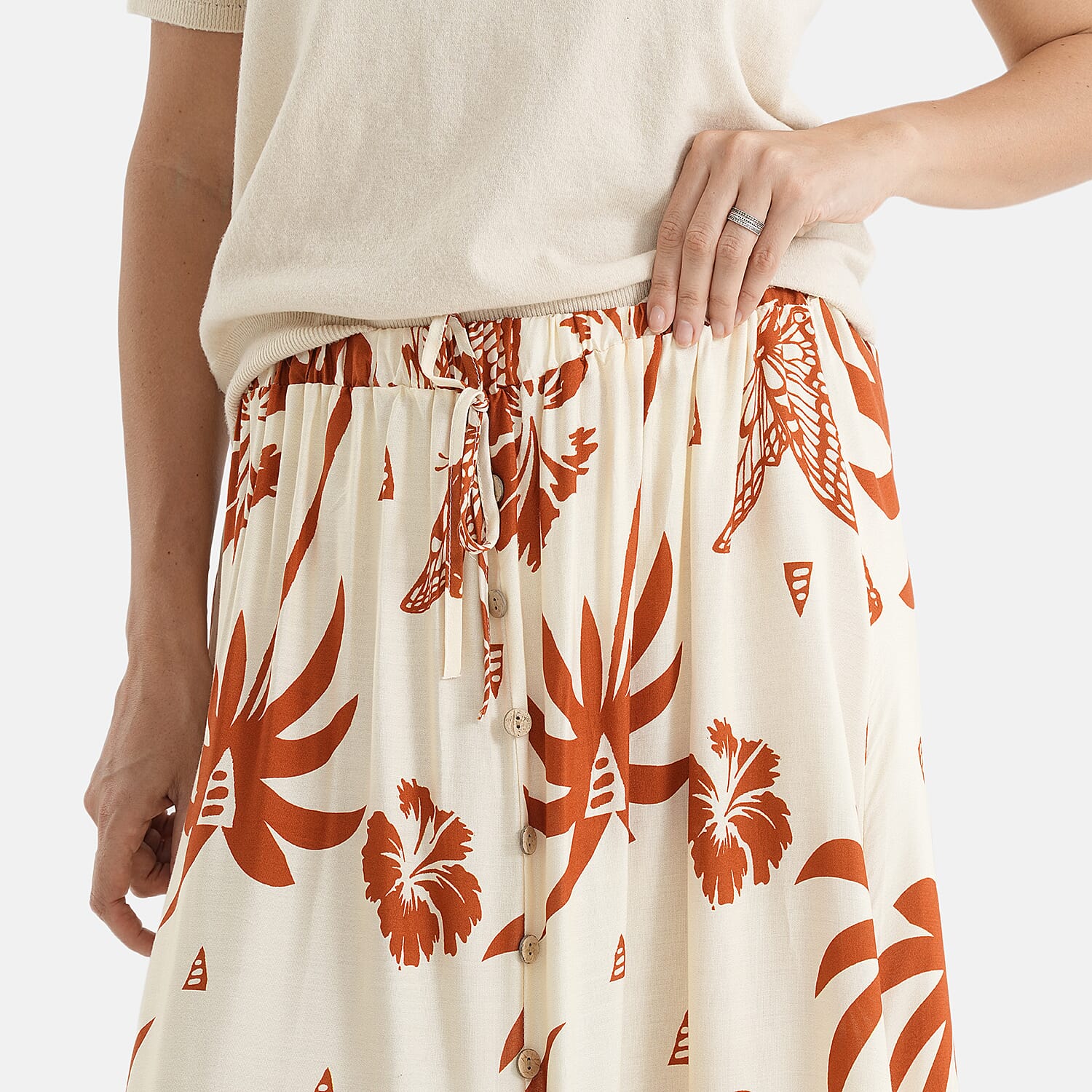 La Marey Print Buttoned Skirt (Size - L-XL, 16-22) - Cream & Brown