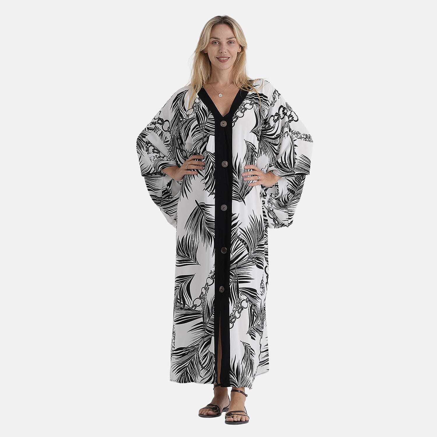 La Marey Print V-Neck Kaftan (One Size) - Black & White