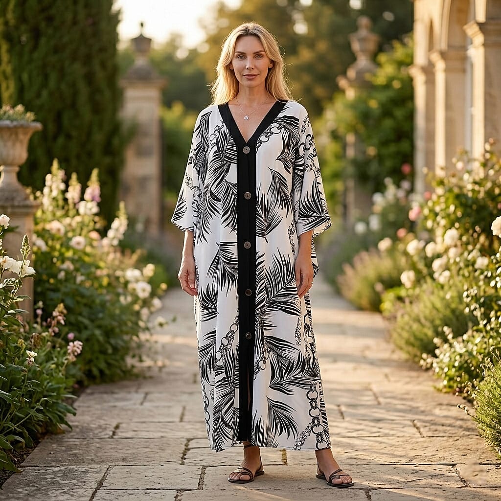 La Marey Print V-Neck Kaftan (One Size) - Black & White