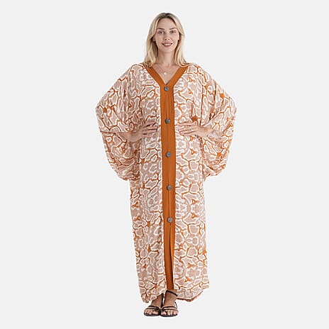 La Marey Print V-Neck Kaftan (One Size) - Brown