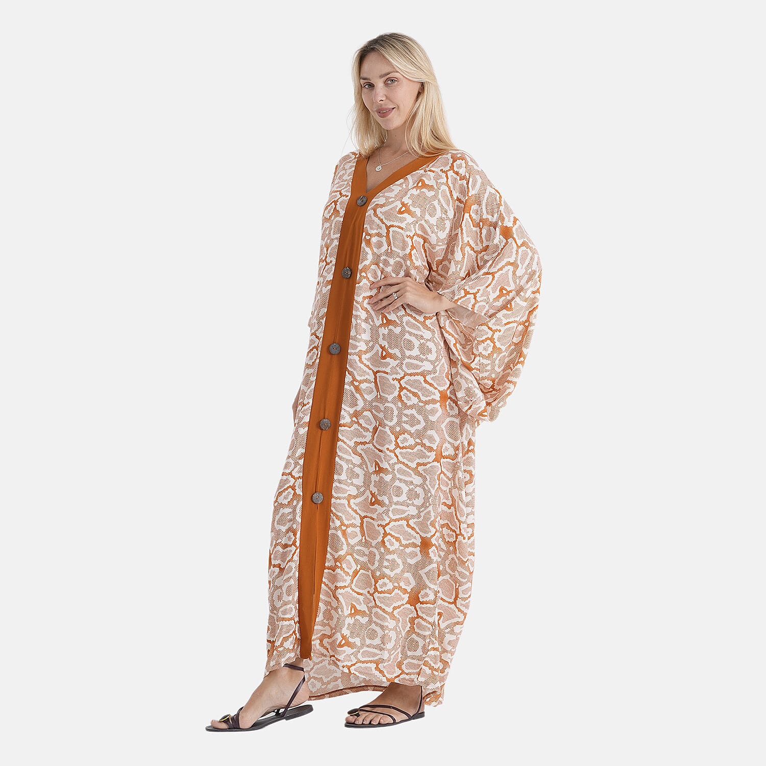 La Marey Print V-Neck Kaftan (One Size) - Brown