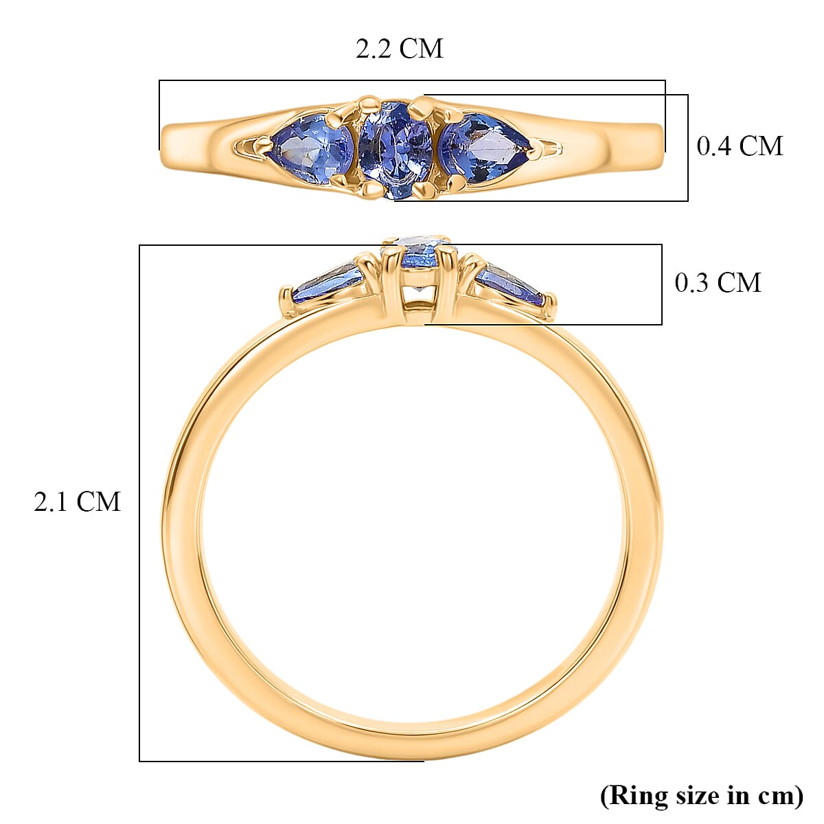 D'Joy Tanzanite 3 Stone Ring in Yellow Gold Plated Sterling Silver 0.47 Ct.