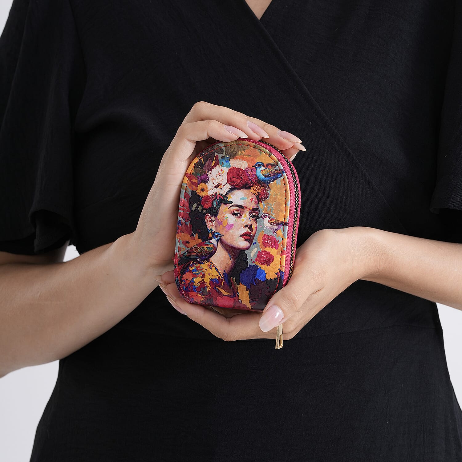 Artistic Lady Portrait with Flowers & Birds Print RFID Card Wallet - Multi Colour