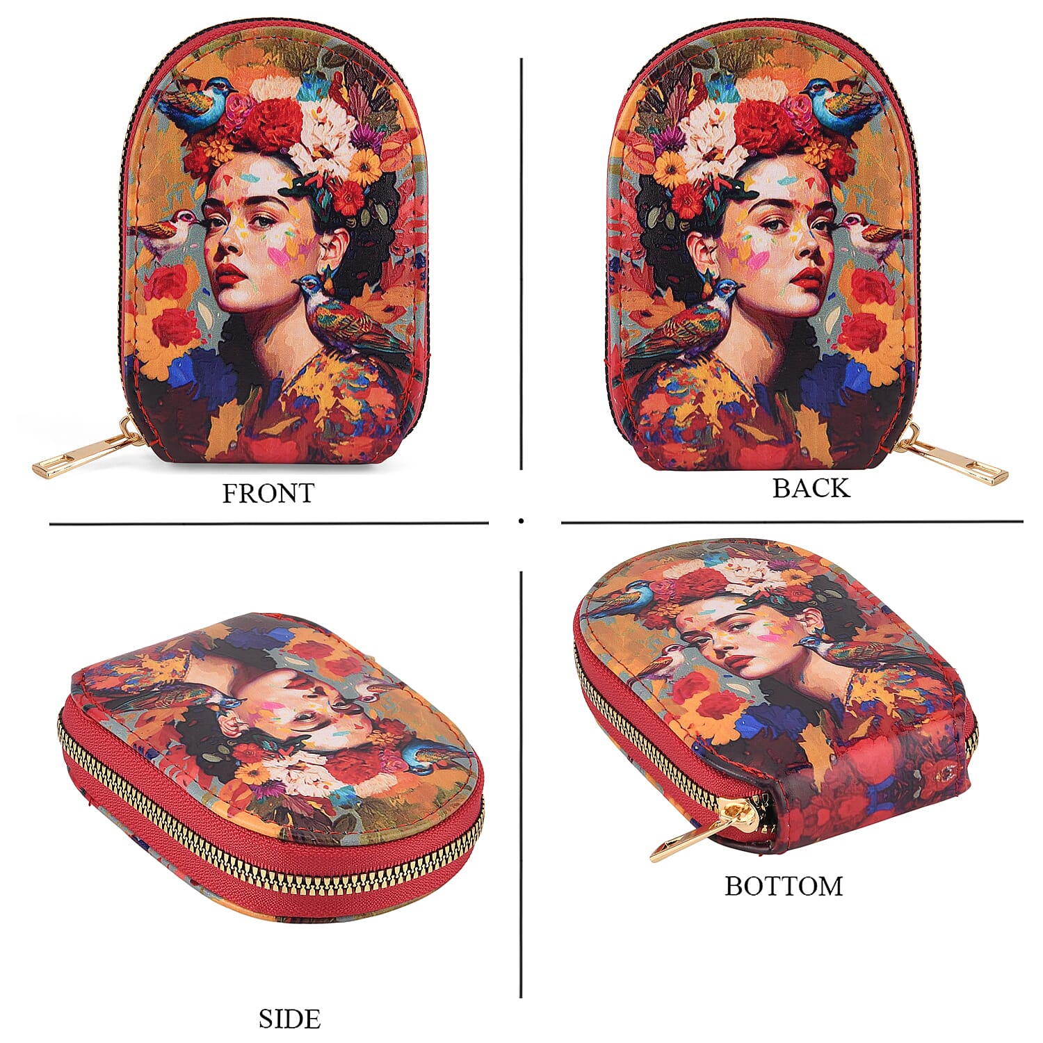 Artistic Lady Portrait with Flowers & Birds Print RFID Card Wallet - Multi Colour