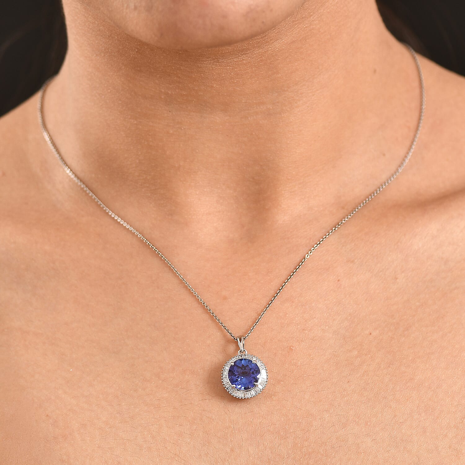 RHAPSODY 950 Platinum AAAA Tanzanite and Natural Diamond (VS-EF) Round Cut Halo Pendant 3.504 Ct. Platinum Wt. 2.84 Gms