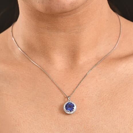 RHAPSODY 950 Platinum AAAA Tanzanite and Natural Diamond (VS-EF) Round Cut Halo Pendant 3.504 Ct. Platinum Wt. 2.84 Gms