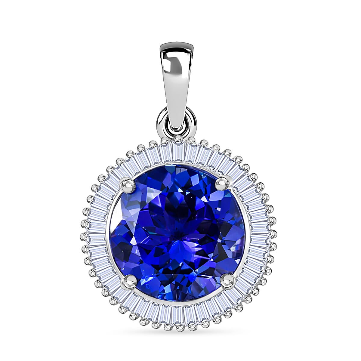 Rhapsody 950 Platinum AAAA Tanzanite and Natural Diamond (VS-E-F) Round Halo Pendant 4.75 Ct, Platinum Wt. 3.13 Gms