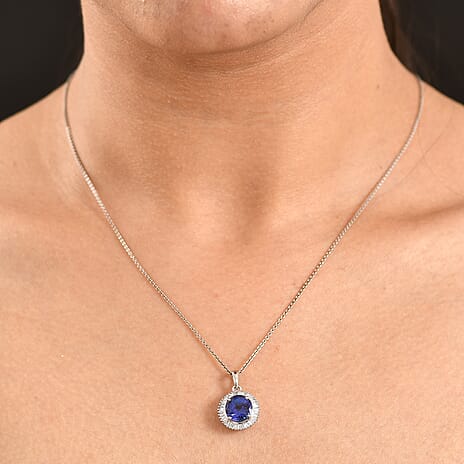 Rhapsody 950 Platinum AAAA Tanzanite and Natural Diamond (VS-E-F) Round Halo Pendant 4.75 Ct, Platinum Wt. 3.13 Gms