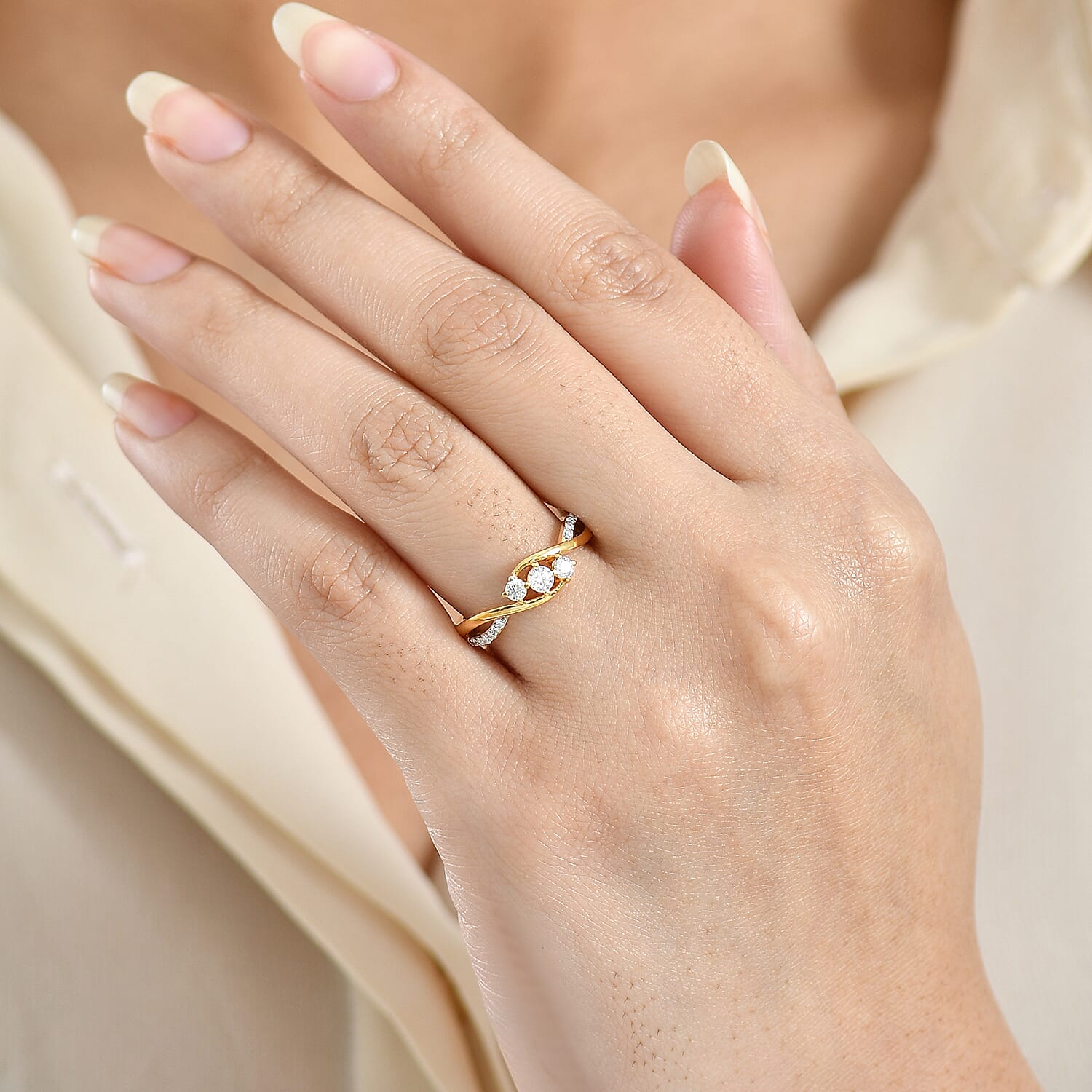 Royal Bali Collection - D'Joy Moissanite Trilogy Ring in 18K Vermeil Yellow Gold Plated Sterling Silver