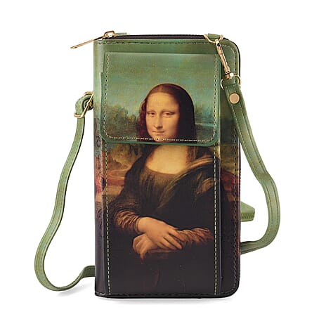 Designer Inspired Mona Lisa Portrait Phone Crossbody Bag with RFID Blocking - Green