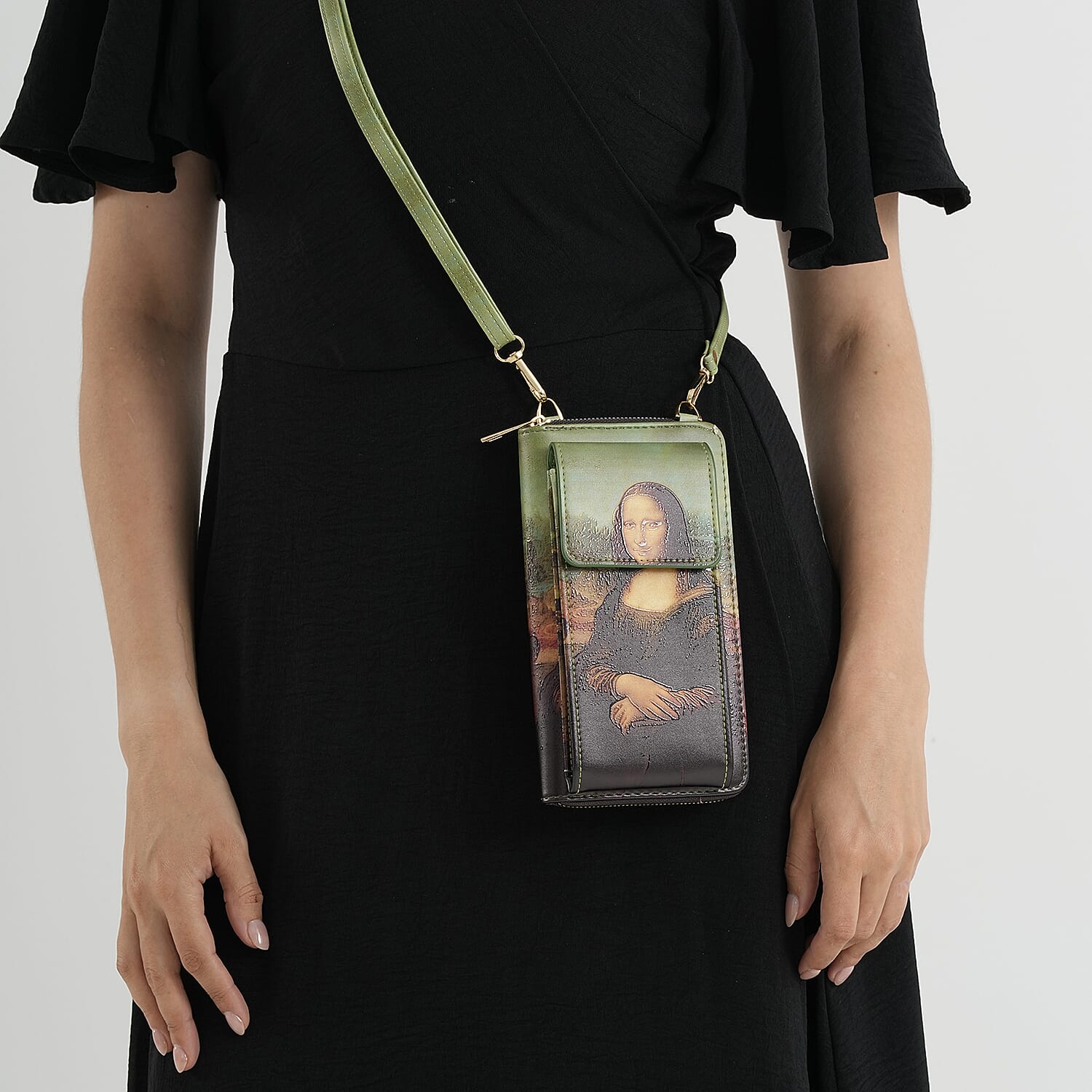 Designer Inspired Mona Lisa Portrait Phone Crossbody Bag with RFID Blocking - Green