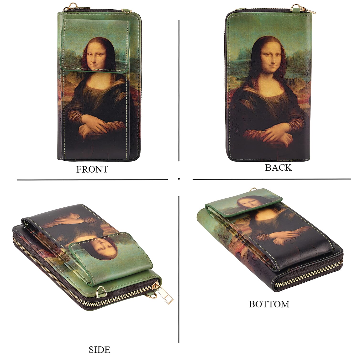 Designer Inspired Mona Lisa Portrait Phone Crossbody Bag with RFID Blocking - Green