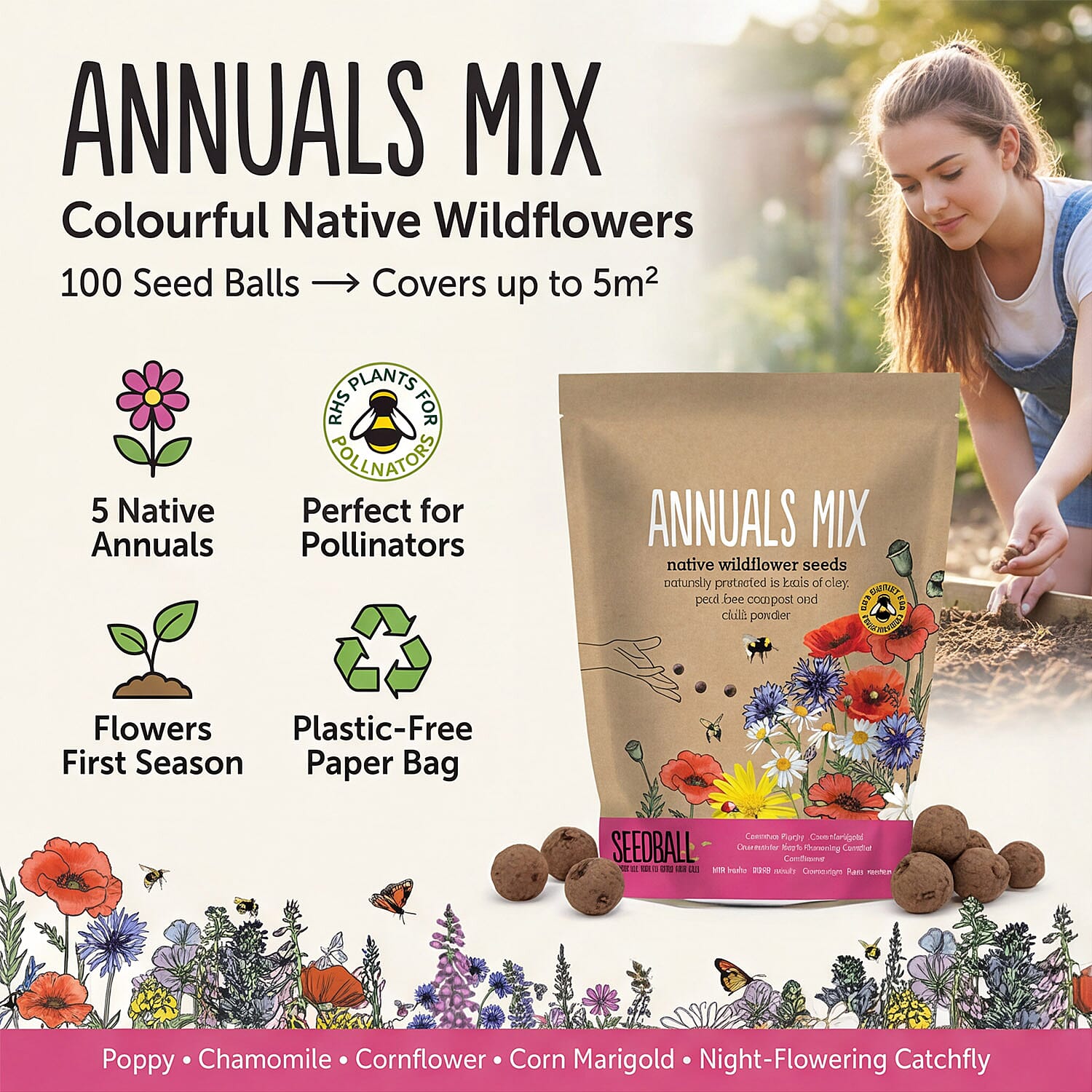 Seedball Annuals Mix 100-Ball Wildflower Grab Bag - Pink