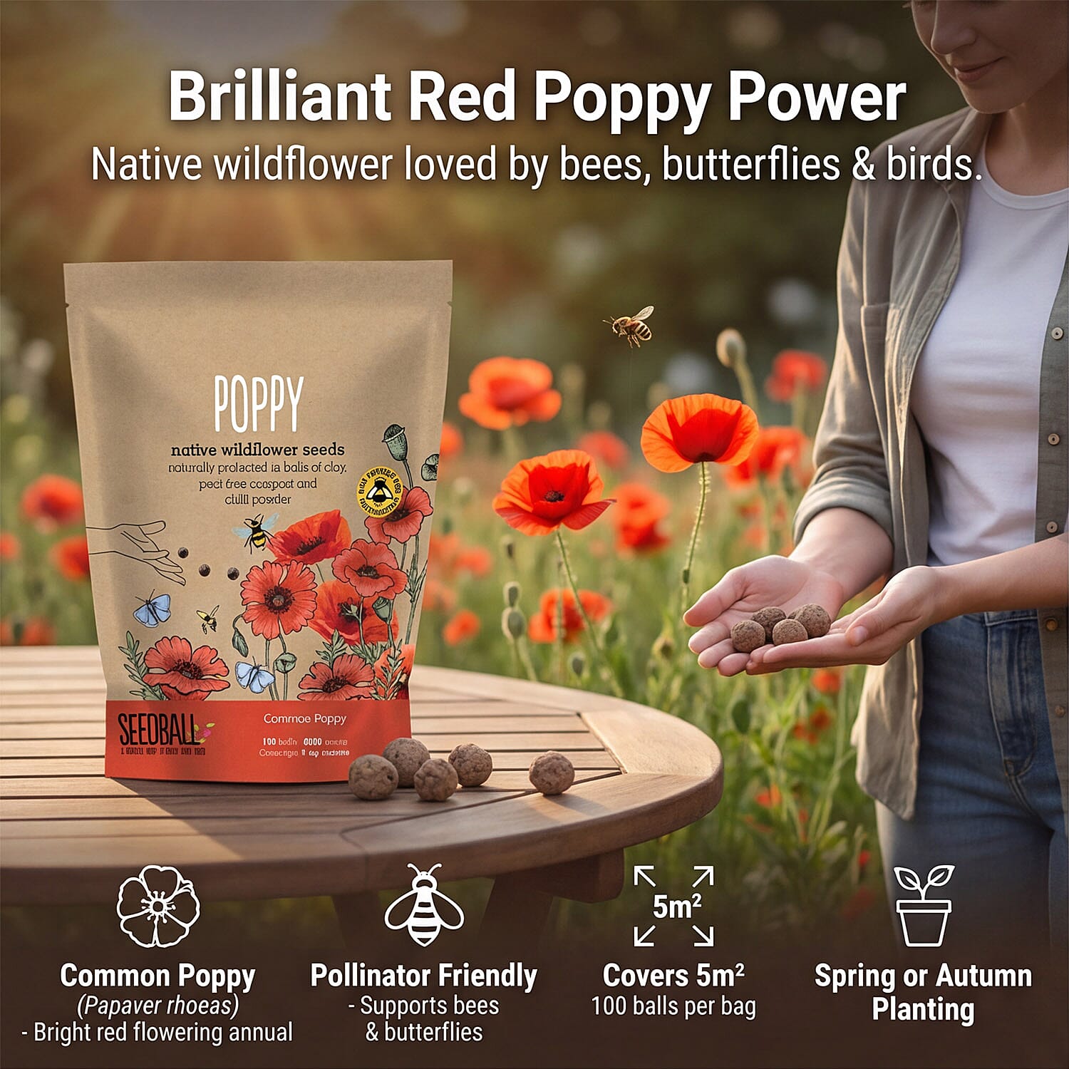 Seedball Poppy Mix 100-Ball Wildflower Grab Bag - Red