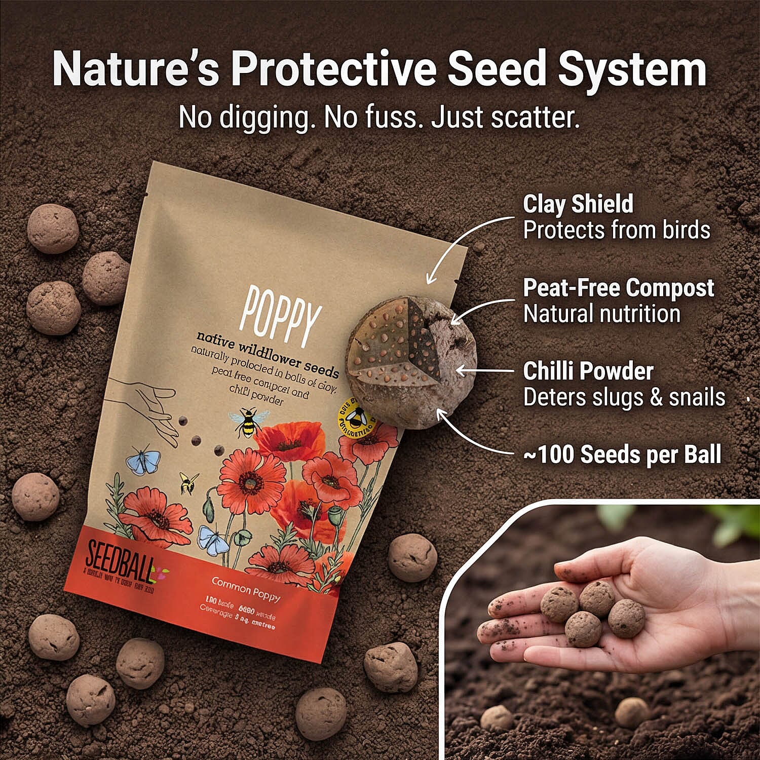 Seedball Poppy Mix 100-Ball Wildflower Grab Bag - Red