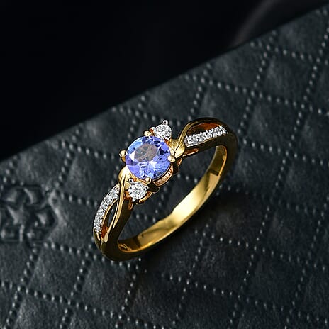 Royal Bali Collection - D'Joy Tanzanite & Moissanite Solitaire Ring in 18K Vermeil Yellow Gold Plated Sterling Silver 0.62 Ct.