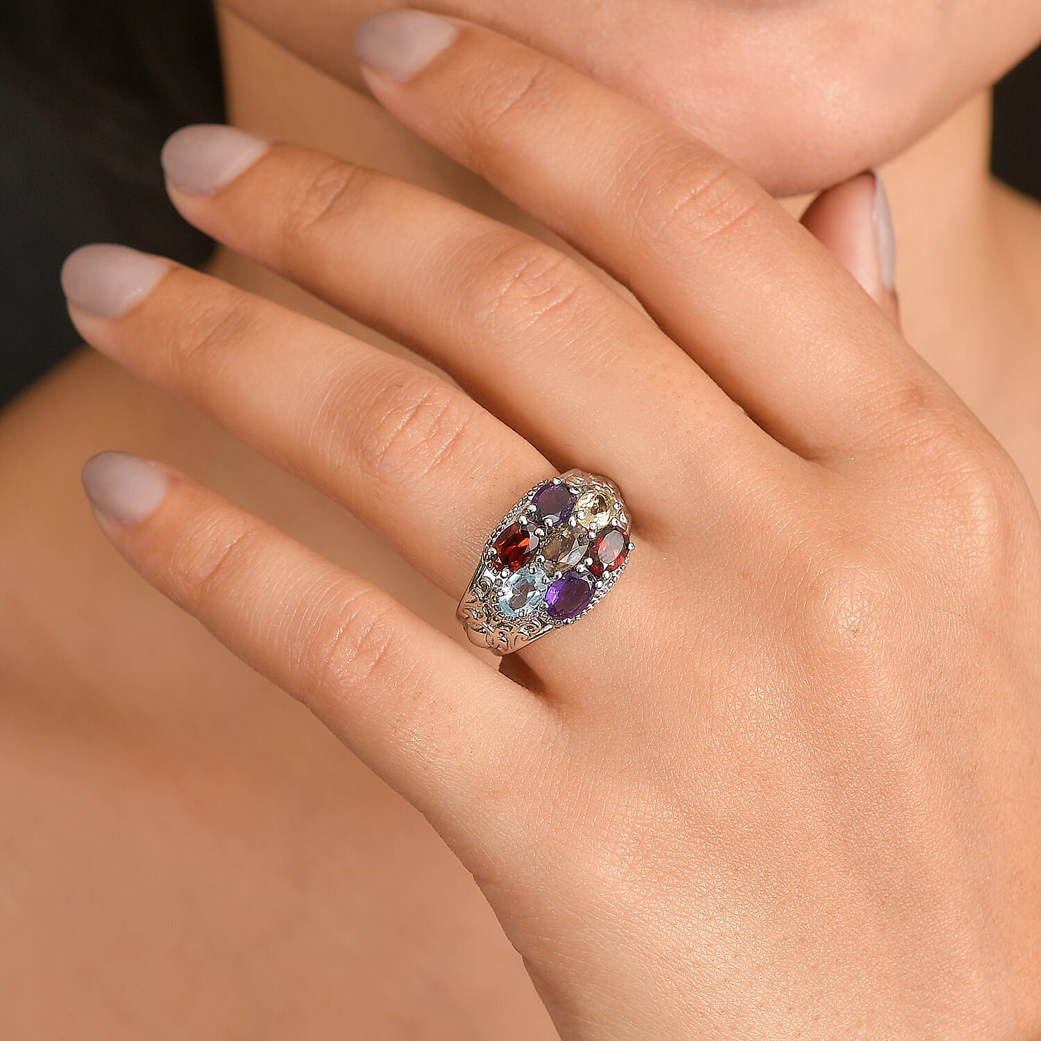 EverTrue African Amethyst & Multi Gemstones Cluster Ring 3.20 Ct.