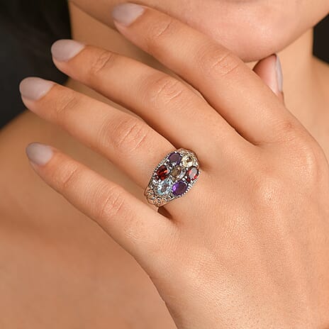 EverTrue African Amethyst & Multi Gemstones Cluster Ring 3.20 Ct.
