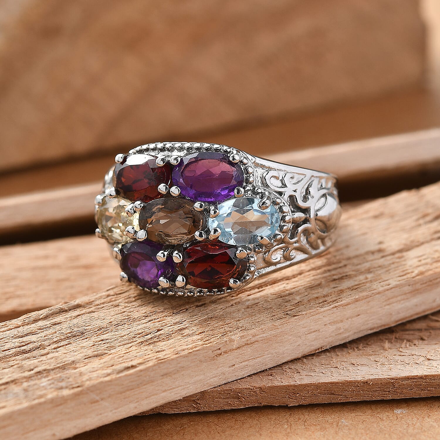 EverTrue African Amethyst & Multi Gemstones Cluster Ring 3.20 Ct.