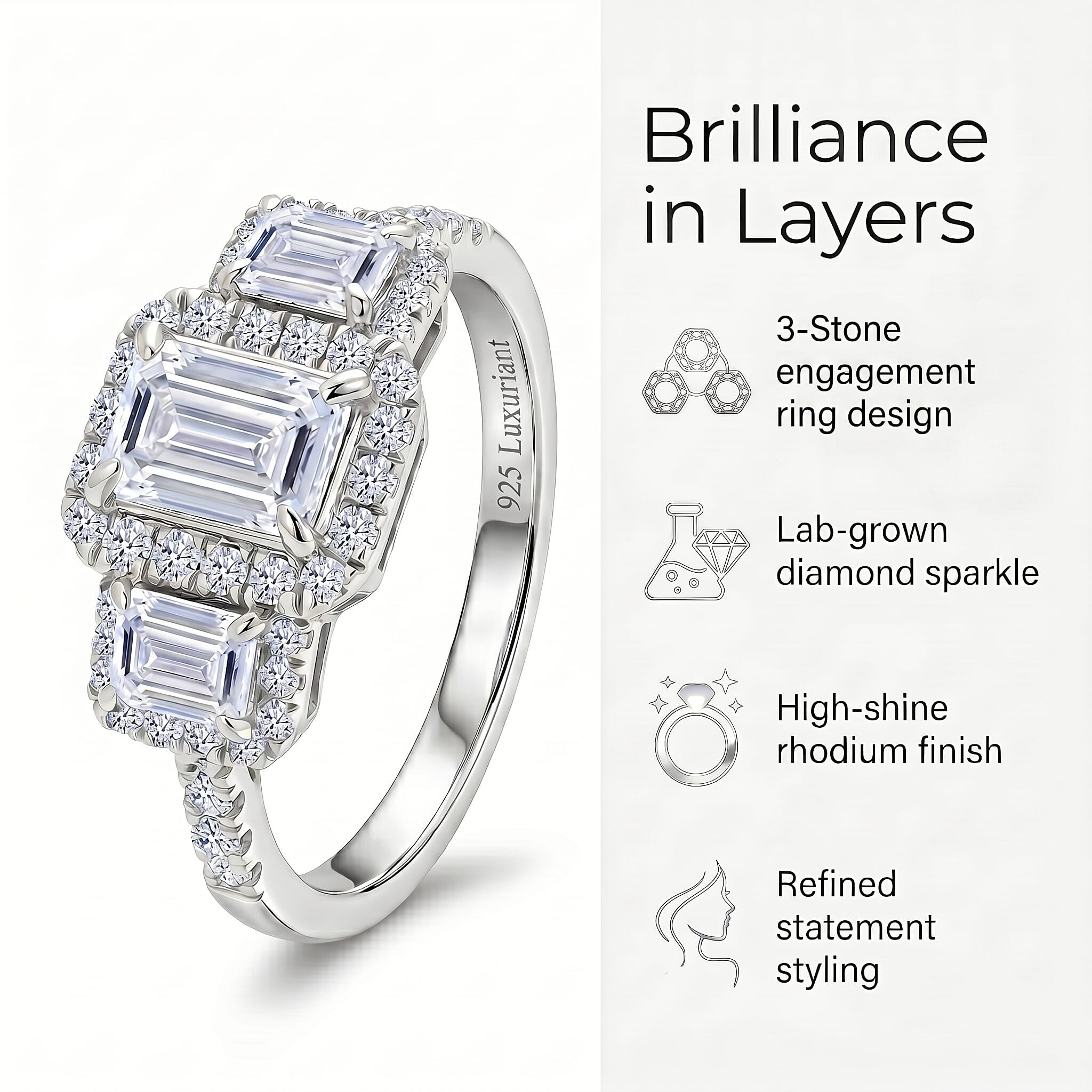 Luxuriant SI-GH Lab Grown Diamond Trilogy Halo Ring in Rhodium Overlay Sterling Silver 1.50 Ct.